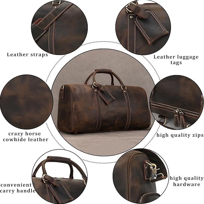 Leather Duffel Bags for Men and Women, 20 Inch Full Grain Leather Travel Overnight Weekend Bags, Dark Brown