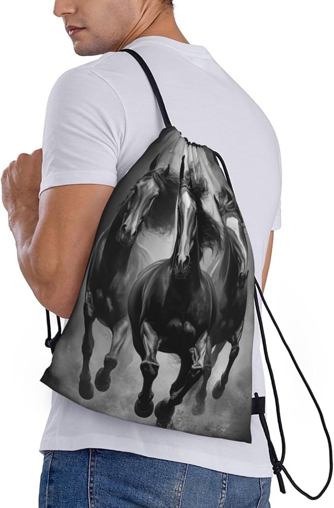 Black And White Horses Pattern Drawstring Backpack Bag - Sports Gym Sack For Women Men