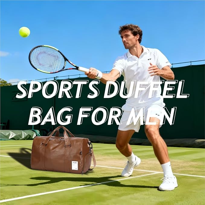 Leather Travel Bag with Shoes Compartment & Wet Pocket, Sports Gym Tote Bag Travel Duffel for Men & Women, Overnight Weekender Bag Waterproof Leather Large Carry On Bag