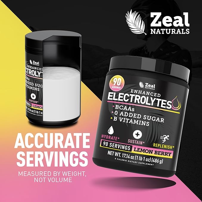 Zeal Electrolyte Powder - 90 Servings | Keto Electrolytes Powder | Zero Sugar, BCAAs, B-Vitamins | Potassium, Zinc, Magnesium | Hydration Powder Recovery Drink | Lemon Berry