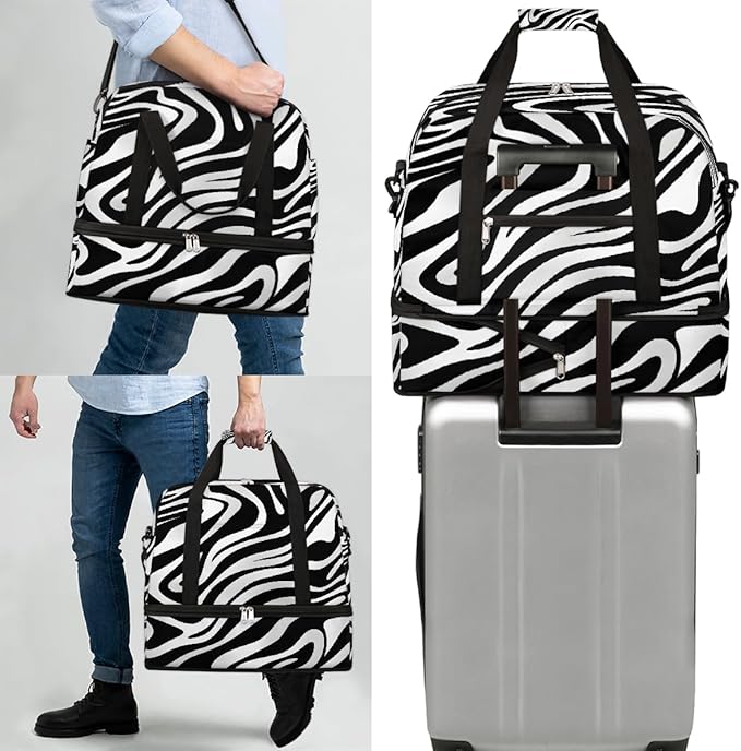 Black And White Zebra Stripes Travel Duffle Bags With Shoes Compartment for Women Men Weekender Overnight Bag Foldable Sports Tote Gym Carry On Luggage Handlebag for Travel Yoga Hospital Workout