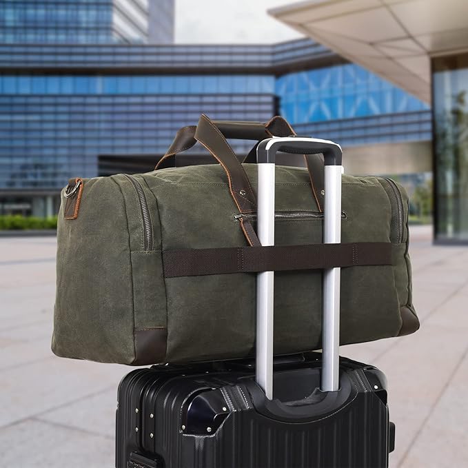 Polare 23” Waxed Canvas Cowhide Leather Waterproof Travel Duffel Bag Trim Luggage Weekender Overnight Carry on Hand Bag