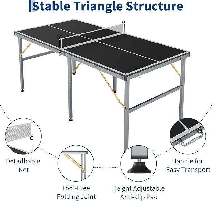 Portable Ping Pong Table,6X3 ft Professional Indoor/Outdoor Table Tennis Tables Game with Net for Adults/Teens,2 Tennis Paddles and 3 Balls- Quick Assembly