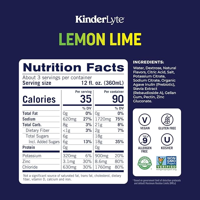 KinderLyte Advanced Electrolyte Solution for Kids and Adults - Hydration Drink (Lemon Lime, 6 Count), With PreMax Prebiotics, No Artificial Sweeteners or Flavors, No Synthetic Dyes