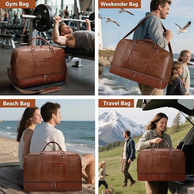 Weekender Bag for Women Men, Large Overnight Bag Faux Leather Travel Duffel Bag with Shoe Compartment Toiletry Packing Cube Carry On Bag Fit 21" Laptop 3Pcs Set (4PCS Brown)