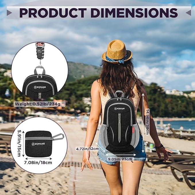 ZOMAKE Ultra Lightweight Packable Backpack 10L,Small Foldable Backpacks Hiking Water Resistant Collapsible Daypack for Women Men(Black-C1)