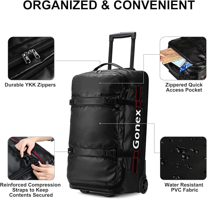 Gonex Rolling Duffle Bag with Wheels, 70L Water Repellent Wheeled Travel Duffel Luggage with Rollers 25 inch, Black
