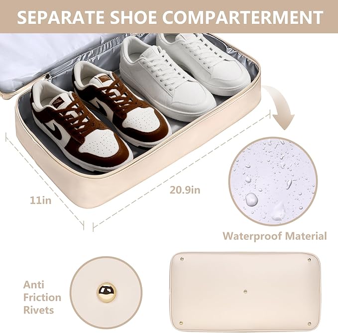 Weekender Bag for Women Men, Large Overnight Bag Faux Leather Travel Duffel Bag with Shoe Compartment Toiletry Packing Cube Carry On Bag Fit 21" Laptop 3Pcs Set (4PCS White)