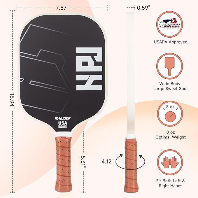 HUDEF USAPA Pickleball Paddles Set: Graphite & Fiberglass Honeycomb Core, 4 Outdoor Balls, PU Leather Carry Bag