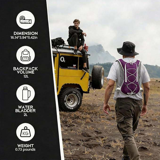 12L Hydration Backpack for Women and Men- Lightweight Hydration Pack with 2L Water Bladder, Water Pack for Hiking,Cycling,Rave and Running, Adjustable Chest Straps and Reflective