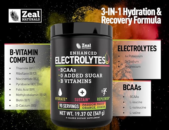 Zeal Electrolyte Powder - 90 Servings | Keto Electrolytes Powder | Zero Sugar, BCAAs, B-Vitamins | Potassium, Zinc, Magnesium | Hydration Powder Recovery Drink | Passion Fruit Orange Guava