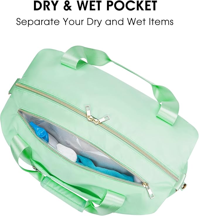 Ceneda 17" Gym Bag for Women with Wet Pocket & Shoe bag, Lightweight Duffel Waterproof Carry On Duffle for Travel, Yoga, Overnight (Light Green)