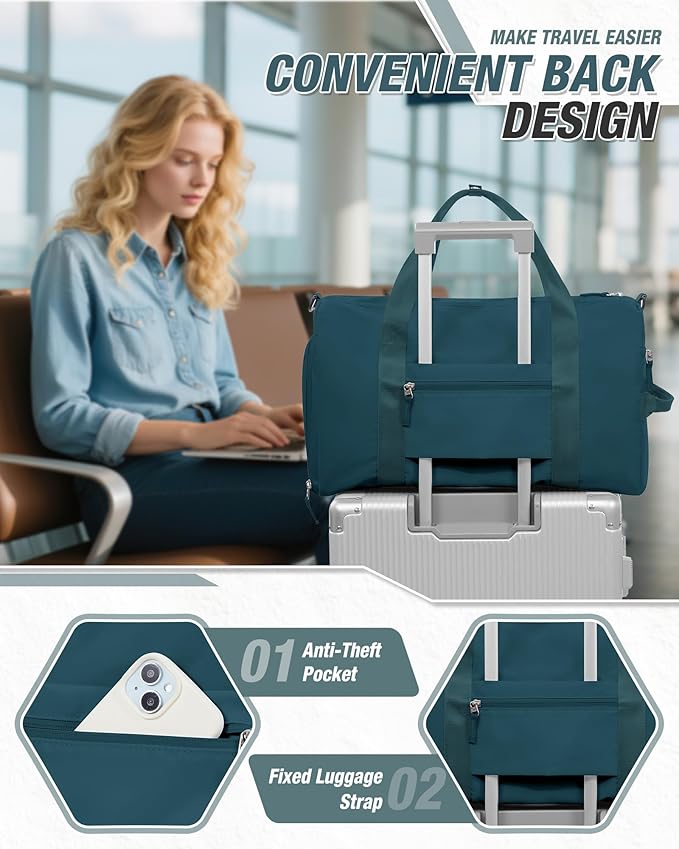 Gym Duffle Bag for Women Carry on Luggage Travel Essentials Airline Approved Personal Item 18x14x8 Inches Lightweight Weekender Sports Travel Duffel Bag with Shoe Compartment Wet Pocket PeacockBlue