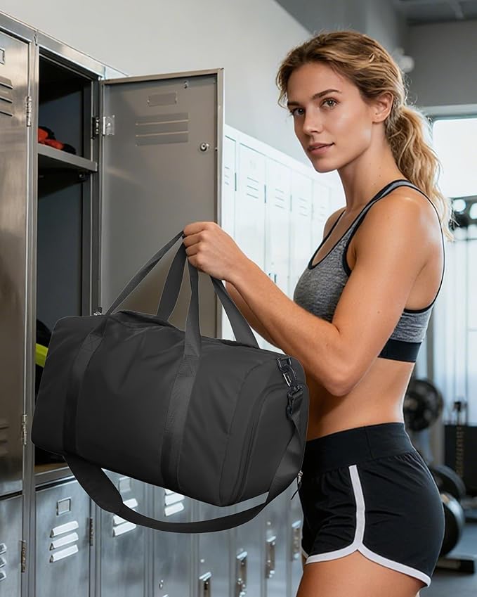 Gym Duffle Bag for Women Carry on Luggage Travel Essentials Airline Approved Personal Item 18x14x8 Inches Lightweight Weekender Sports Travel Duffel Bag with Shoe Compartment Wet Pocket Men Black