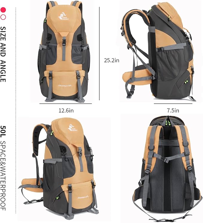 Bseash 50L Hiking Backpack, Water Resistant Lightweight Outdoor Sport Daypack Travel Bag for Camping Climbing Skiing Cycling (Gold - With Shoe Compartment)