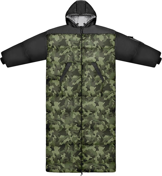 Thermotuff Wearable Sleeping Bag with Dual Hoodie, Long Sleeves, Pockets & Adjustable Drawstring - Ideal for Camping, Cold Weather Hiking, and Stadium Sak Blanket