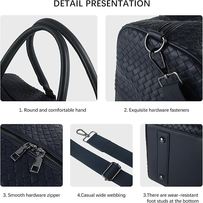 Weekender Bags for Women Woven Leather Travel Duffel Bag with Shoe Compartment, Carry On Garment Bag for Men Women, Large Capacity Water-resistant Gym Tote (Dark Blue)