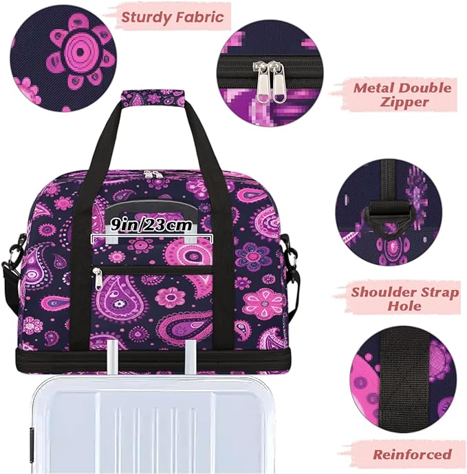 Purple Paisley Pattern Travel Duffle Bags With Shoes Compartment for Women Men Weekender Overnight Bag Foldable Sports Tote Gym Carry On Luggage Handlebag for Travel Yoga Hospital Workout