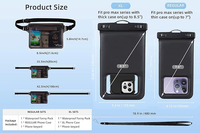 AiRunTech Waterproof Fanny Pack,Waterproof Phone Pouch for iPhone 15 14 13 12 11 Pro Max,IPX8 Waterproof Dry Bag for Snorkeling Beach Cruise Kayaking Pool Swimming(Phone Case + Waist Bag 2-Piece Set)