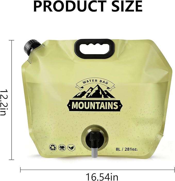 Collapsible 8L Water Storage Bag, BPA-Free Portable Folding Water Jug with Adjustable Faucet, Leakproof Emergency Water Bag for Camping, Hiking, Riding, Outdoor Sport (Beige & Green, 4)