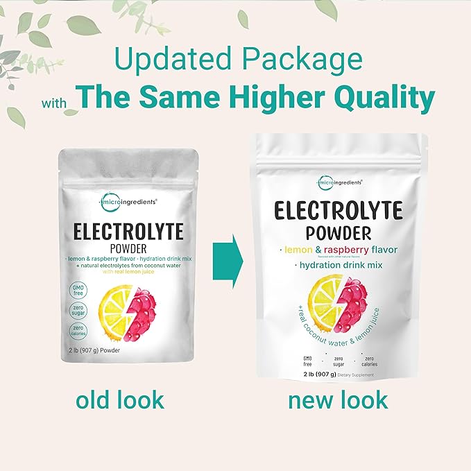 Micro Ingredients Electrolyte Powder, 2 lbs (139 Servings) | Lemon Raspberry Flavor | High Potassium (1,000mg) + Coconut Water & Real Lemon Juice | No Sugar, Keto Friendly | Non-GMO