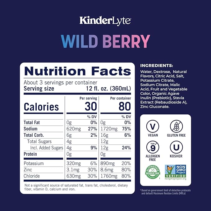 KinderLyte Advanced Electrolyte Solution for Kids and Adults - Hydration Drink (Wild Berry, 6 Count), With PreMax Prebiotics, No Artificial Sweeteners or Flavors, No Synthetic Dyes