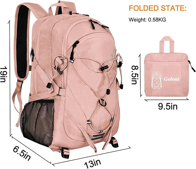 45L Hiking Backpack with Rain Cover, Lightweight Foldable Camping Backpack for Trekking, Water-Resistant Daypack with Hiking Pole & Mat Carrying System,Pink