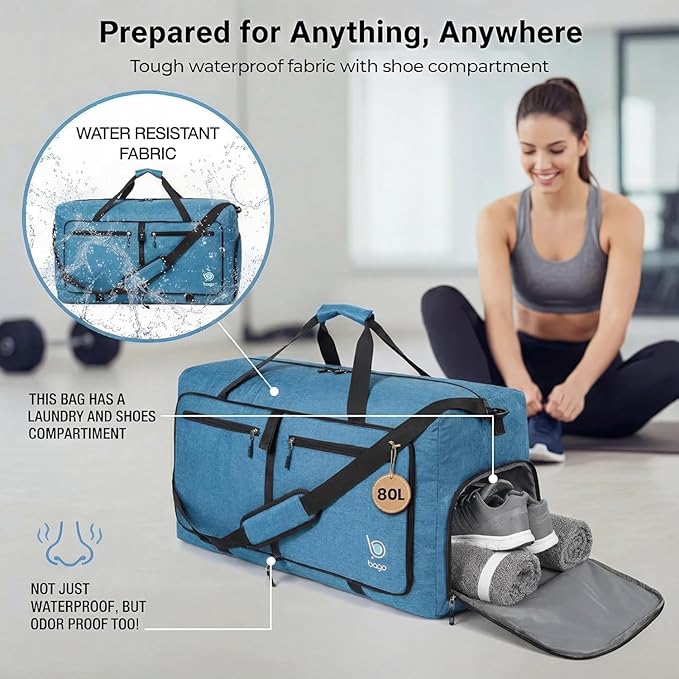 Bago Large Foldable Duffel Bags for Traveling Women & Men - 80L Packable Duffle Bag for Travel with Shoe Compartment - Water Repellant, Heavy Duty, Lightweight Folding & Collapsible (SnowBlue)