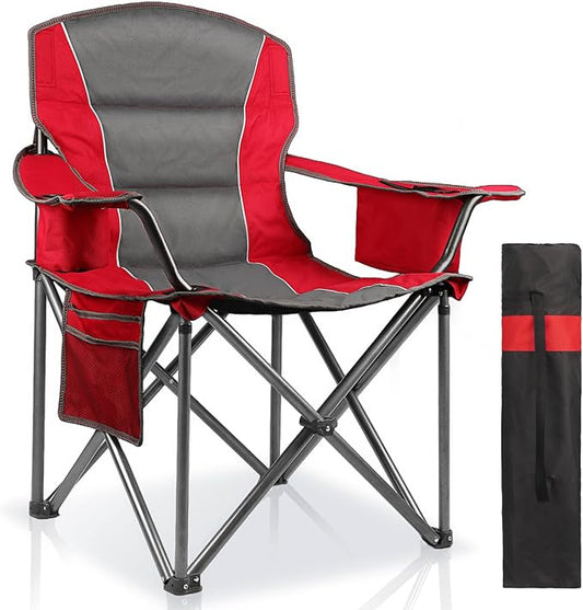 Oversized Padded Camping Chairs for Adults,Heavy Duty Support 400 Lbs,Folding Portable Lawn Chair w/Cup Holder,Cooler Bag,Side Pocket,Perfect for Outdoor Picnic,Hiking(Red)