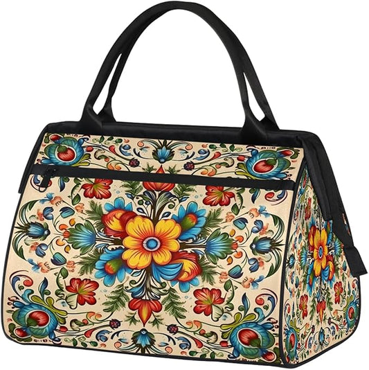 Travel Duffle Bag, Ethnic Floral Mandala Flower Overnight Weekender Tote Bag for Women Men Waterproof Carry On Luggage with Zipper Lightweight Sport Gym Bag for Traveling Yoga Camping Traveling Gifts
