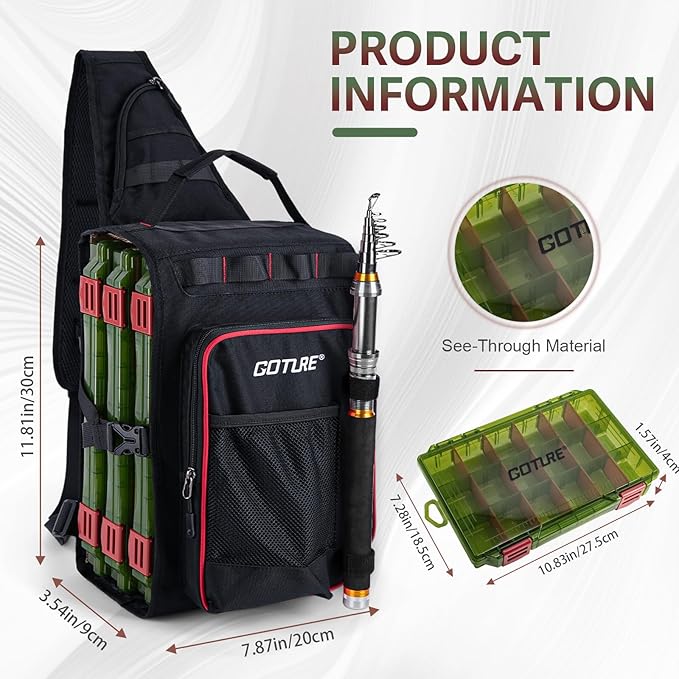 Goture OpenSide Fishing Sling Tackle Storage Bag with 3 Tackle Boxes, Lightweight Fishing Backpack Storge Gear - Black Bag Outdoor,Gift for men
