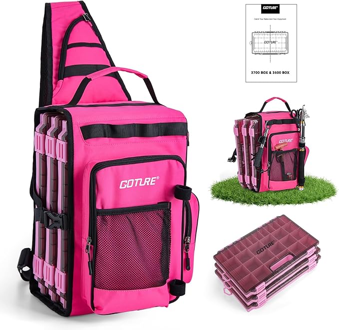 Goture OpenSide Tactical Sling Tackle Bag with 3 3700 Tackle Trays, Lightweight Fishing Backpack Storge Gear-Pink Bag Outdoor,Gift for women