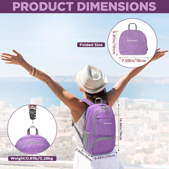ZOMAKE Ultra Lightweight Packable Backpack 20L,Small Foldable Backpacks Hiking Water Resistant Collapsible Daypack for Women Men(Light Purple-C2)