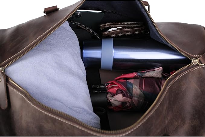 Vintage Crazy Horse Leather Travel Duffel Bag with Shoe Compartment Multi-Carry Duffle +Brass Anti-Scratch Feet/Business/Casual/Travel(5096-Brown)