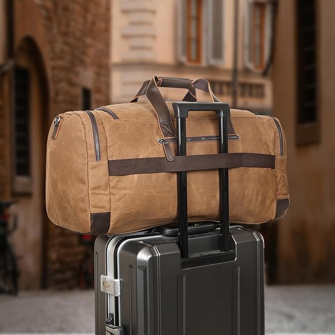 Polare 26” Waxed Canvas Cowhide Leather Waterproof Travel Duffel Bag Trim Luggage Weekender Overnight Carry on Hand Bag (Brown-26")