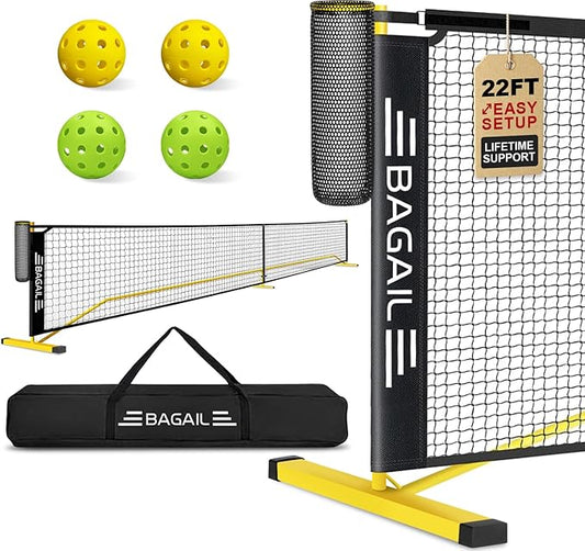 BAGAIL Portable Pickleball Net Set, 22 FT Regulation Size Pickle Ball Net with Ball Collector, 4 Balls and Carry Bag, Easy Setup for Outdoor Indoor Driveway