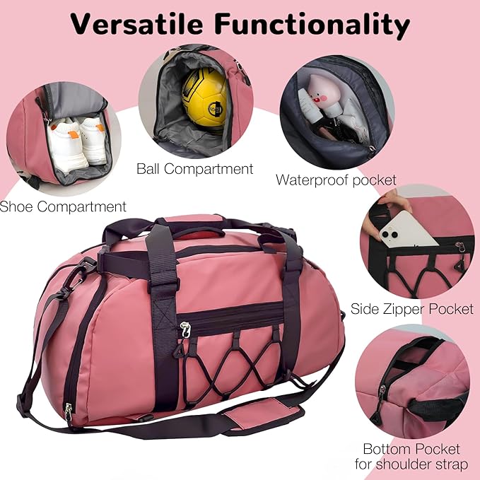 30L Gym Bag Backpack for Women, Convertible Sports Duffel Bag Backpack with Ball Storage & Shoe Compartment for Basketball Volleyball Soccer, Weekender Bags with Wet Pocket, Pink