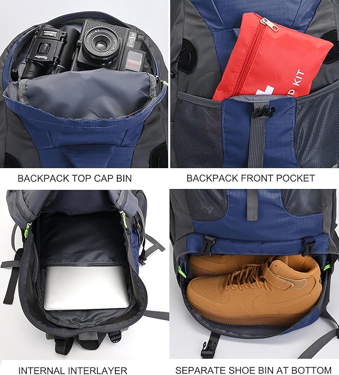 Bseash 50L Hiking Backpack, Water Resistant Lightweight Outdoor Sport Daypack Travel Bag for Camping Climbing Skiing Cycling (Navy Blue - With Shoe Compartment)