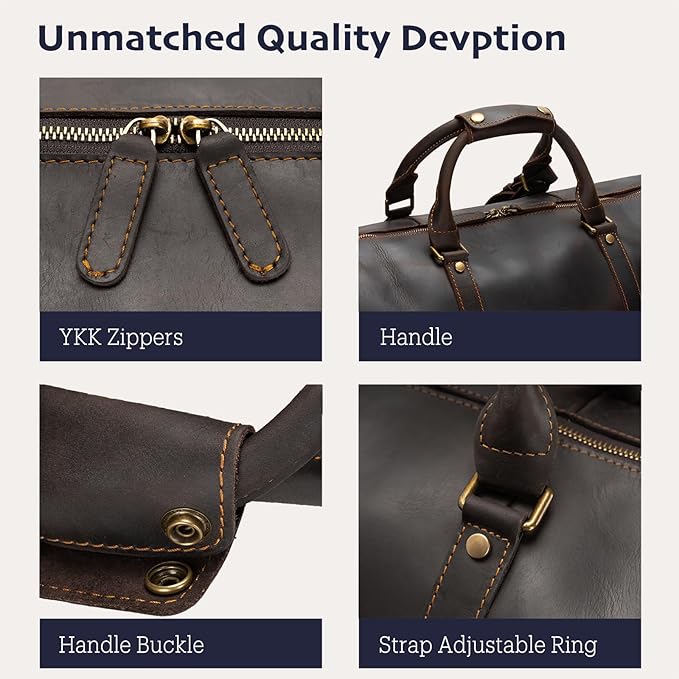 Leather Duffle Bags for Men with Shoe Compartment – 23.6" x 12.6" x 11" Travel Bag, Gym Bag, Also Suitable for Crossbody or Shoulder Carry, Dark Brown Large Size