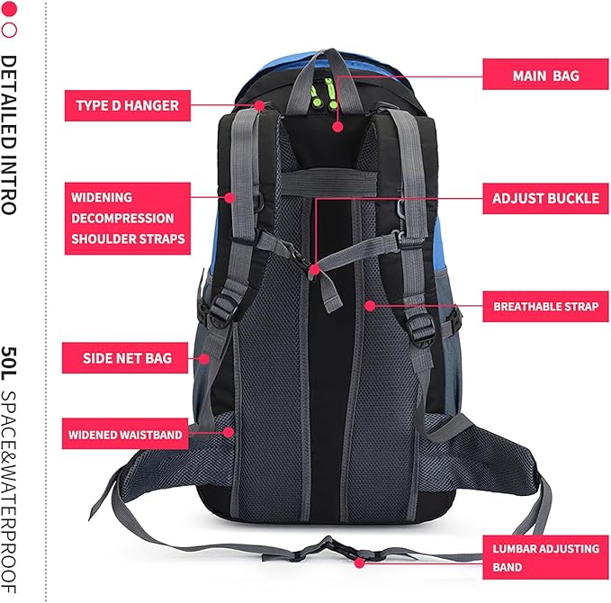 Bseash 50L Hiking Backpack, Water Resistant Lightweight Outdoor Sport Daypack Travel Bag for Camping Climbing Skiing Cycling (Light Blue - No Shoe Compartment)