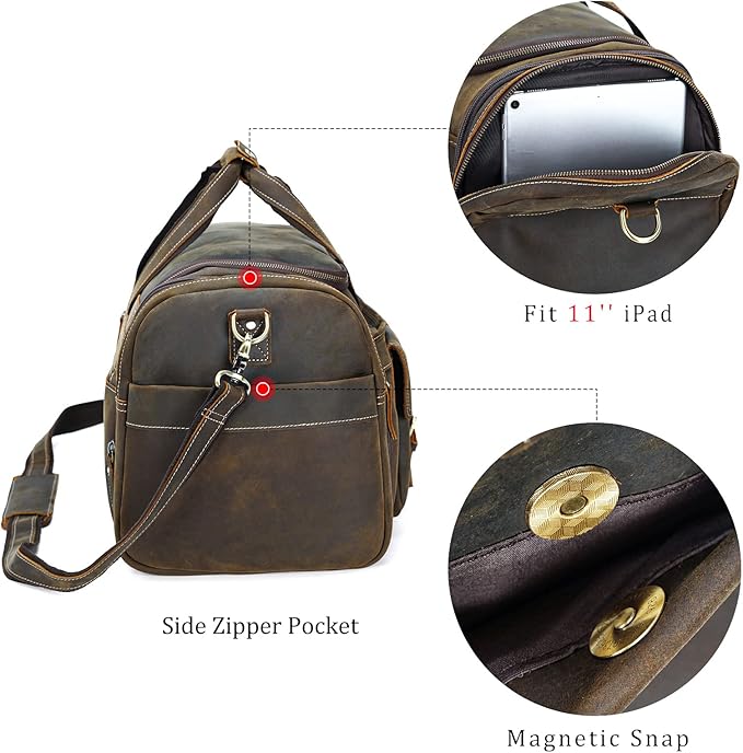 Polare 23" Expandable to 29'' Duffel Retro Thick Full Grain Cowhide Leather Gym Weekender Overnight Luggage Bag For Men