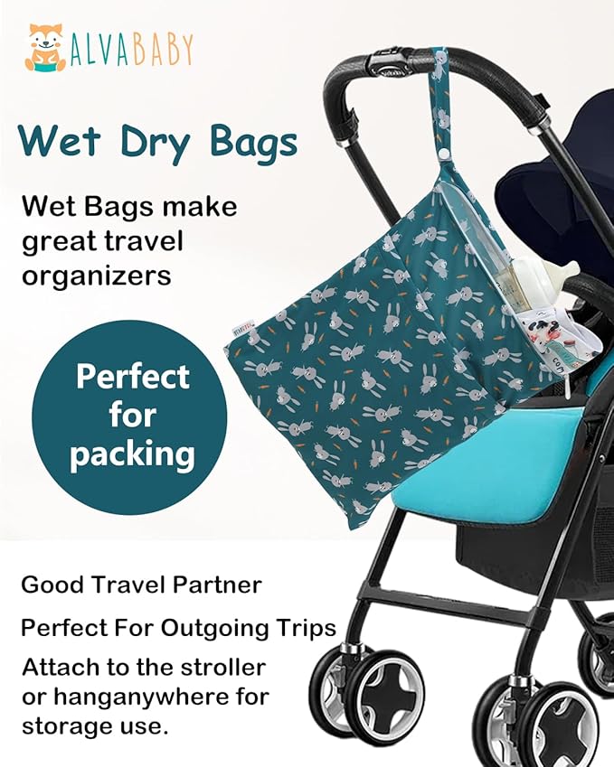 ALVABABY 3pcs Cloth Diaper Wet Dry Bags Waterproof Reusable with Two Zippered Pockets Travel Beach Pool Daycare Soiled Baby Items Yoga Gym Bag for Swimsuits or Wet Clothes 3L-ZM31