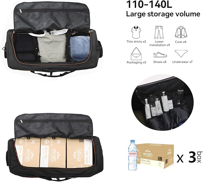 Vomgomfom 32" Soft-Sided Foldable Wheeled Travel Duffel Bag,Expandable 110L to 140L Rolling Cargo Bag with 2 Wheels and Multiple Pockets,Black-orange