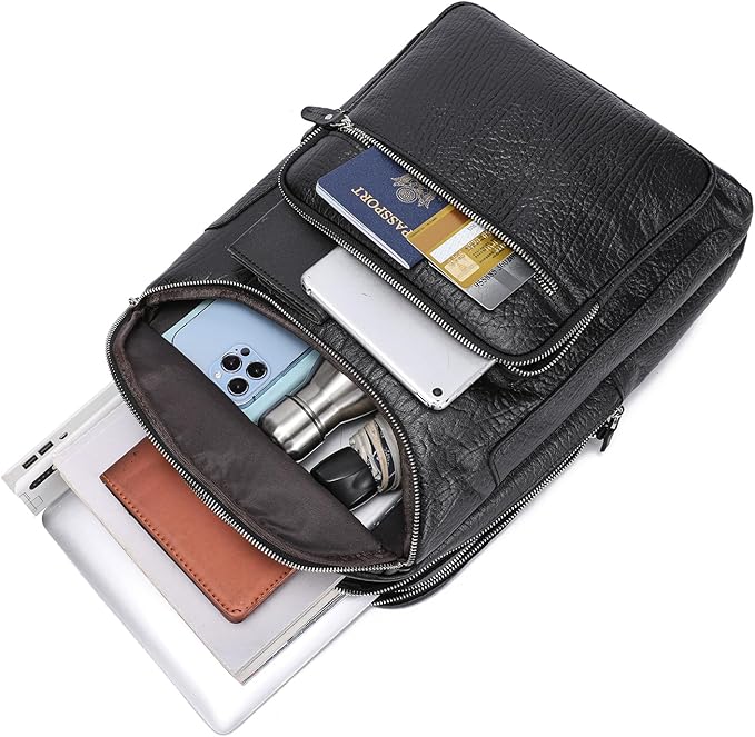 LANNSYNE Full Grain Leather Backpack For Men, 15.6" Leather Laptop Backpack Hiking Travel Bag Camping Rucksack