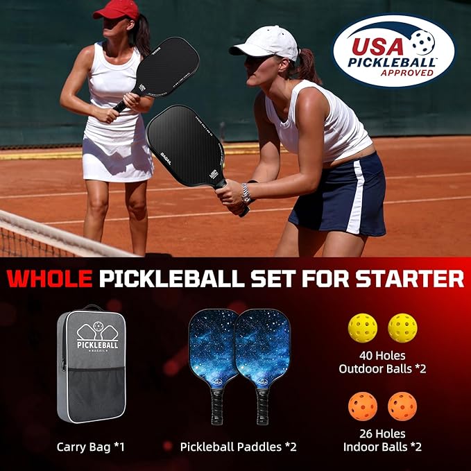 BAGAIL Pickleball Paddles, USAPA Approved Fiberglass Surface Pickleball Set, Lightweight Pickle Ball Rackets with 4 Balls, 1 Bag, Designed in California for Traction and Stability