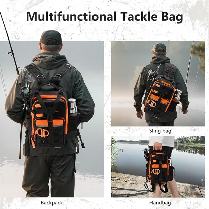 BASSDASH Convertible Fishing Backpack Sling Bag with Rod Holder, Adjustable Tactical Water-Resistant Tackle Storage Pack FP07
