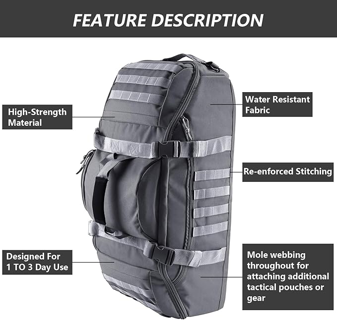 55L Large Duffle Bag, 3-in-1 Tactical Backpack MOLLE Pack for Sports, Gym, Outdoor, Grey