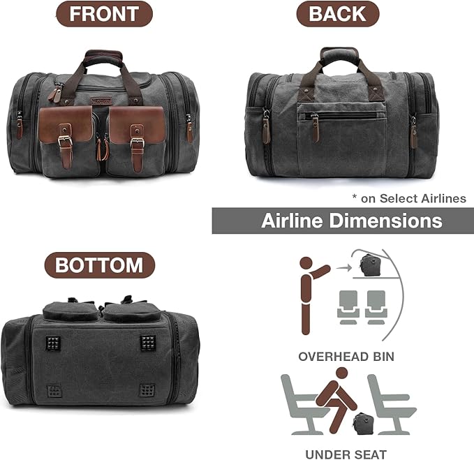 Wildroad 50L Travel Duffel Bag, Expandable Canvas Genuine Leather Duffle Bag Upgraded Overnight Weekender Carry on Bag