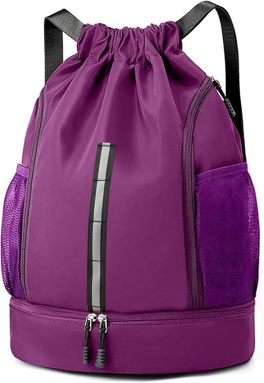 Sport Gym Bag Drawstring Backpack Beach Bag for Men Women with Shoe Compartment and Reflective Strips (Purple)