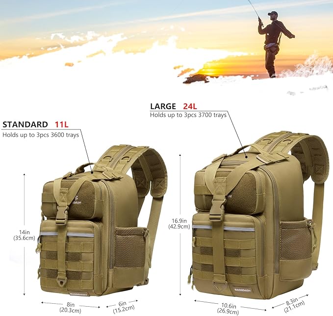 BASSDASH Convertible Fishing Backpack Sling Bag with Rod Holder, Adjustable Tactical Water-Resistant Tackle Storage Pack FP07